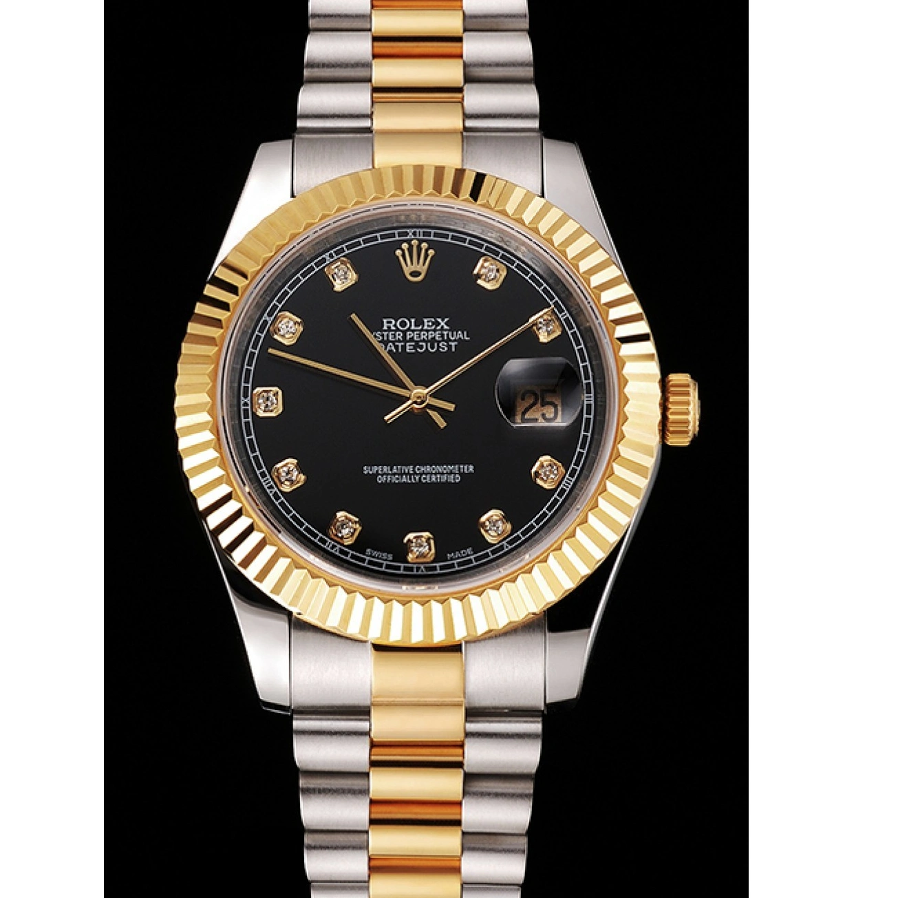 AAA Replica Watches Case Tone Swiss Gold Dial Bezel Two Bracelet Datejust Black Rolex Steel Stainless 1029